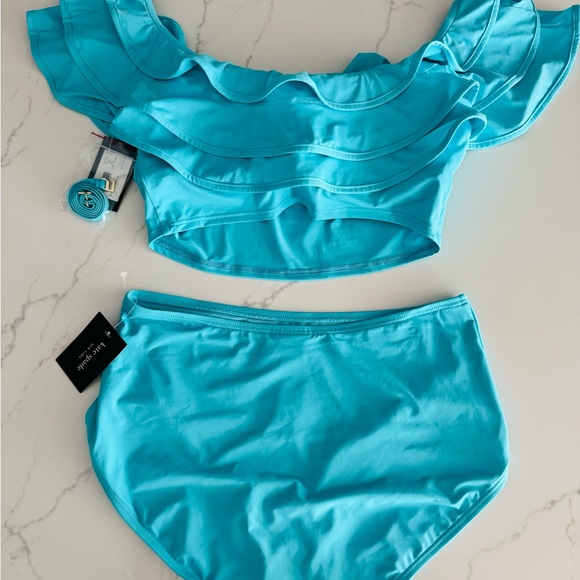 Kate Spade New York Aqua Ruffle off the shoulder High waist two piece bikini set - Picture 2 of 8